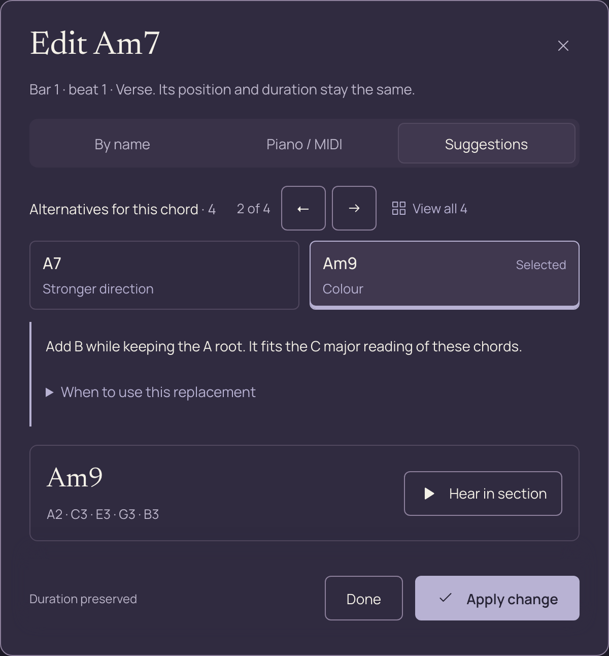 Edit Am7 with the Am9 suggestion selected, its musical explanation, Hear in section and Apply change.