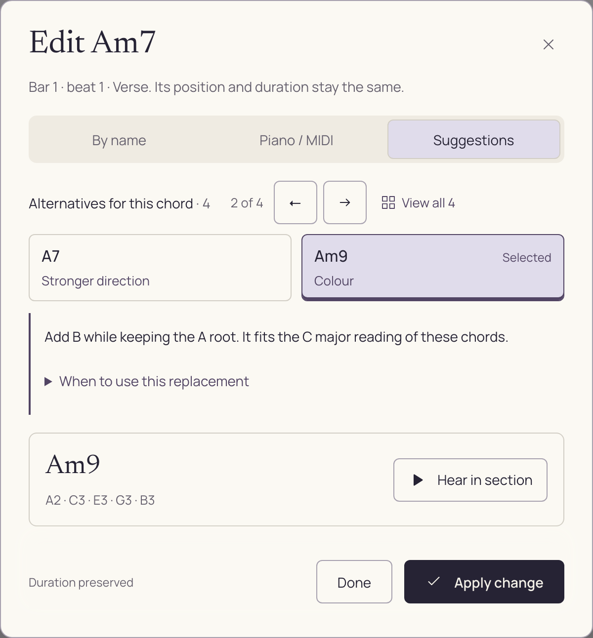 Edit Am7 with the Am9 suggestion selected, its musical explanation, Hear in section and Apply change.