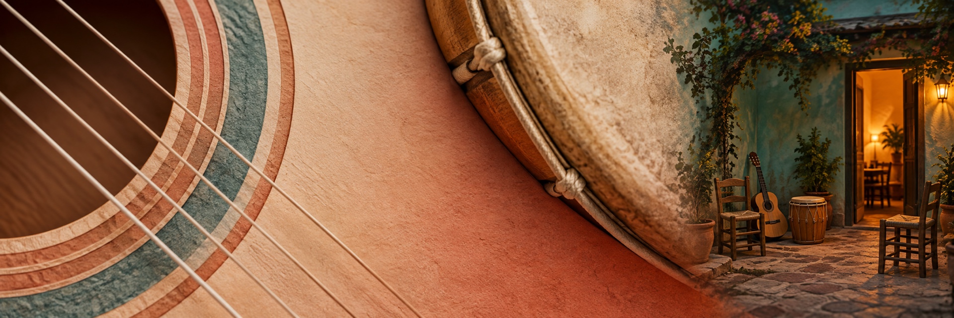 Guitar and drum textures beside a warmly lit courtyard
